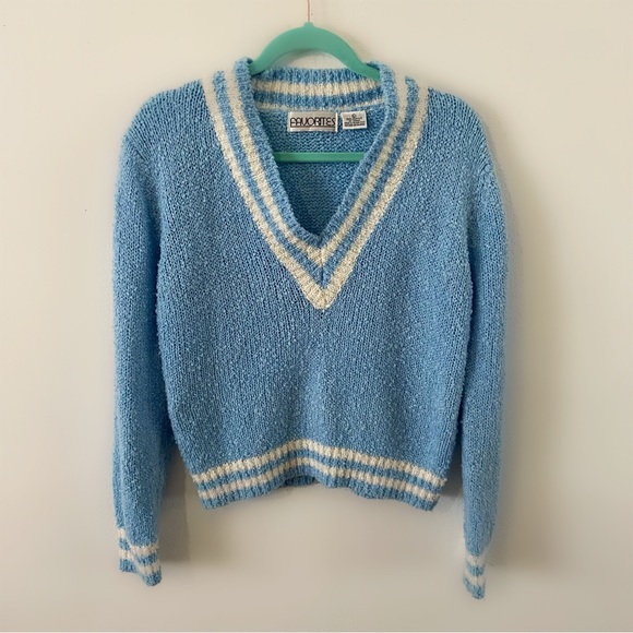 Vintage 80s blue sporty knit sweater vneck long sleeve retro womens large pastel - Picture 2 of 4